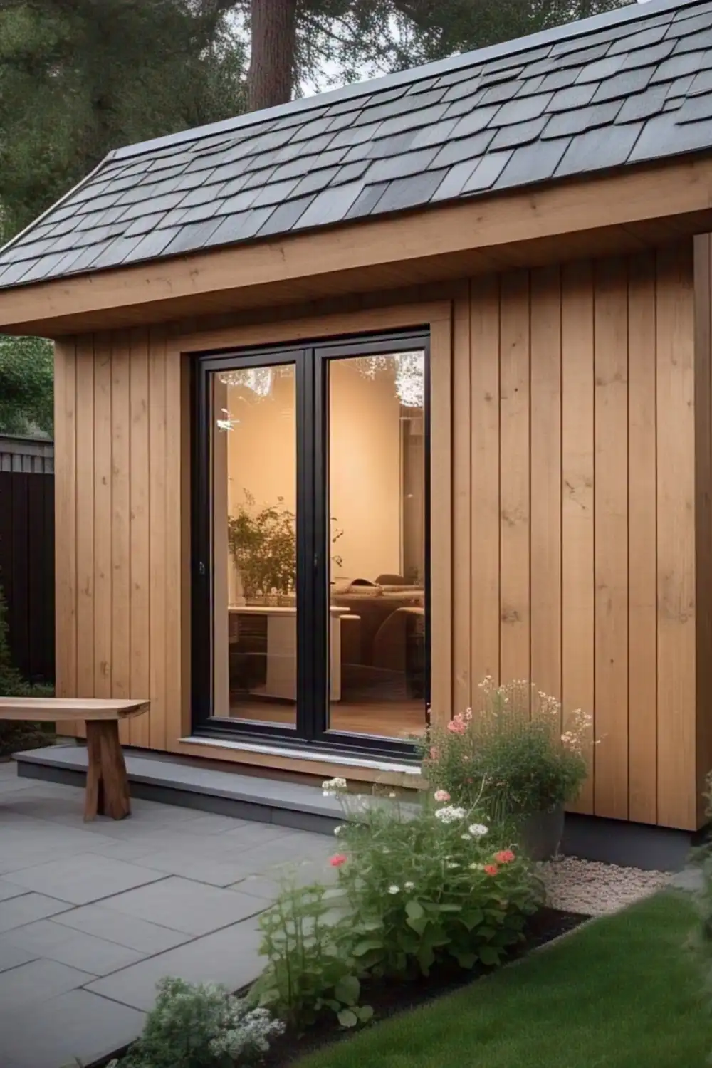 Cozy garden office shed with wooden exterior walls.