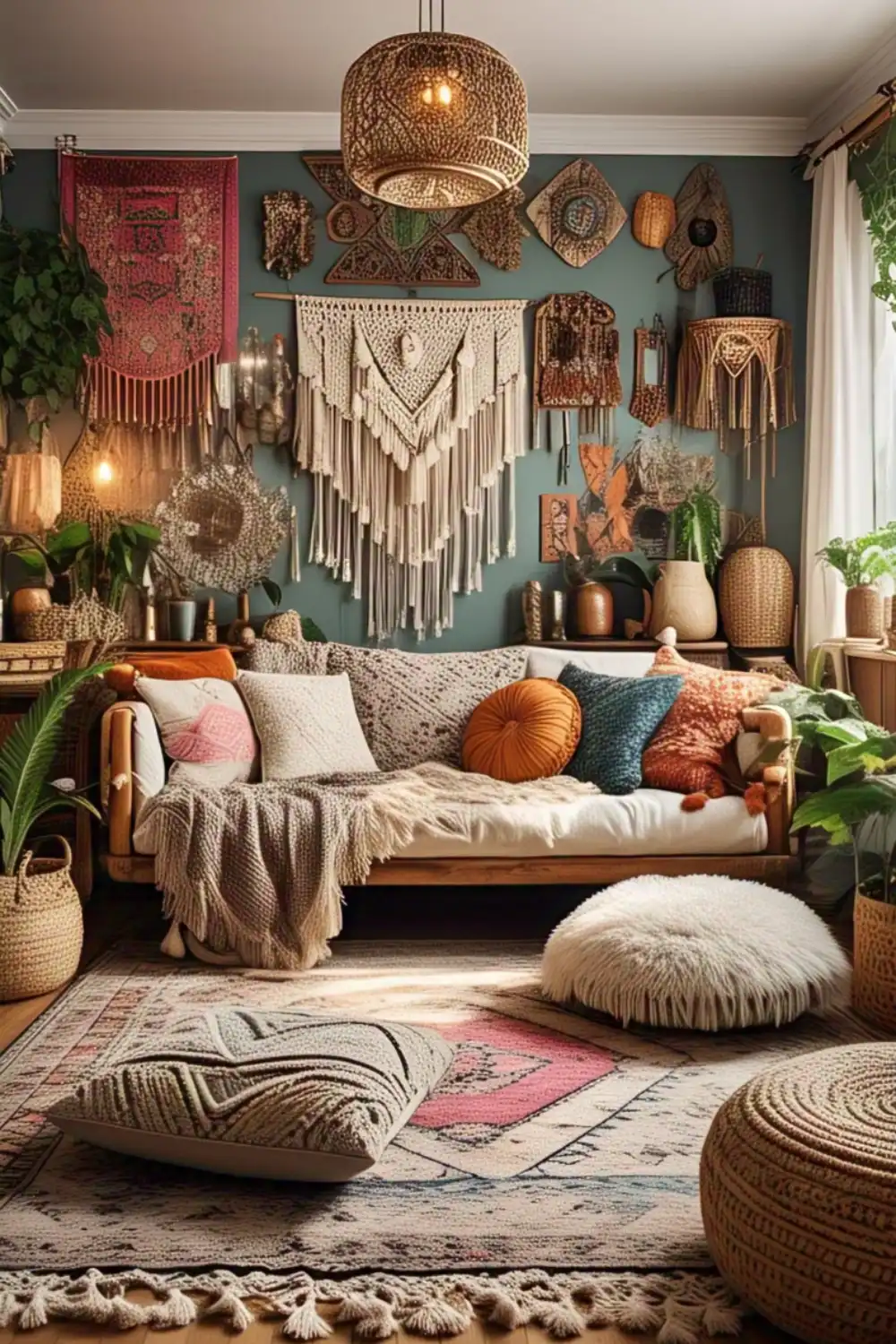 Cozy bohemian living room with macramé decor and plants.