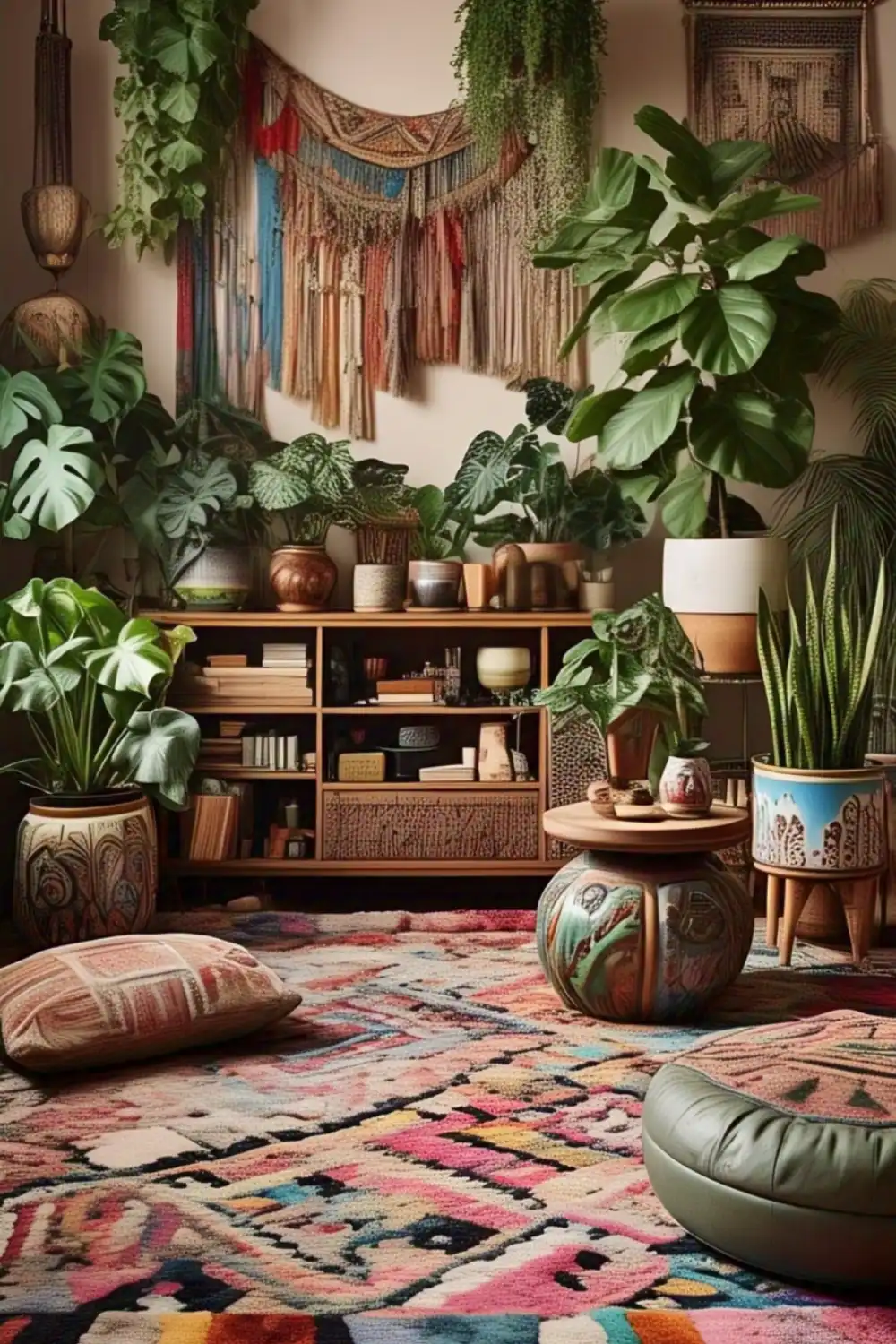 Cozy bohemian room with plants and patterned decor.