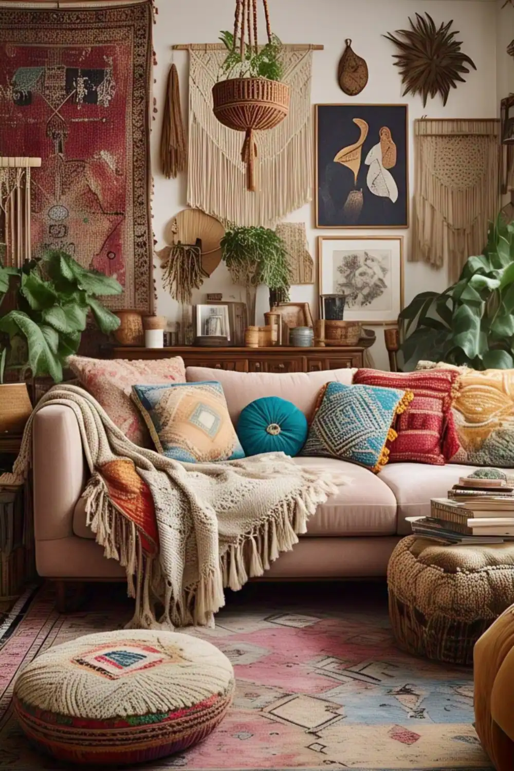 Bohemian living room with cushions and macramé.