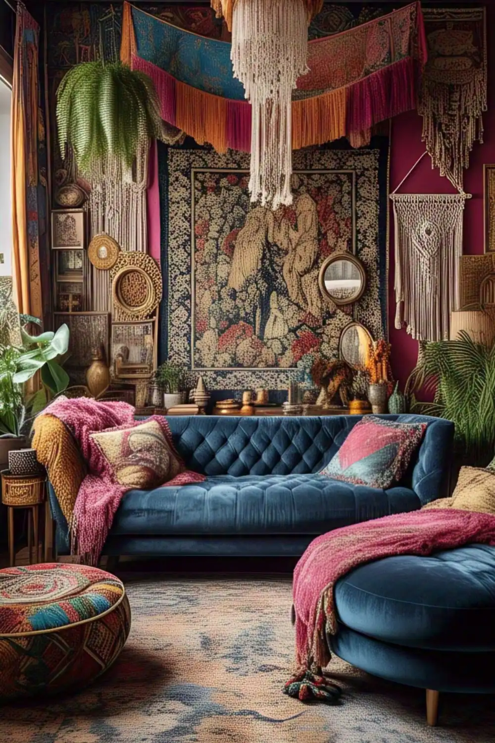 Cozy bohemian living room with tapestry and macrame decor.