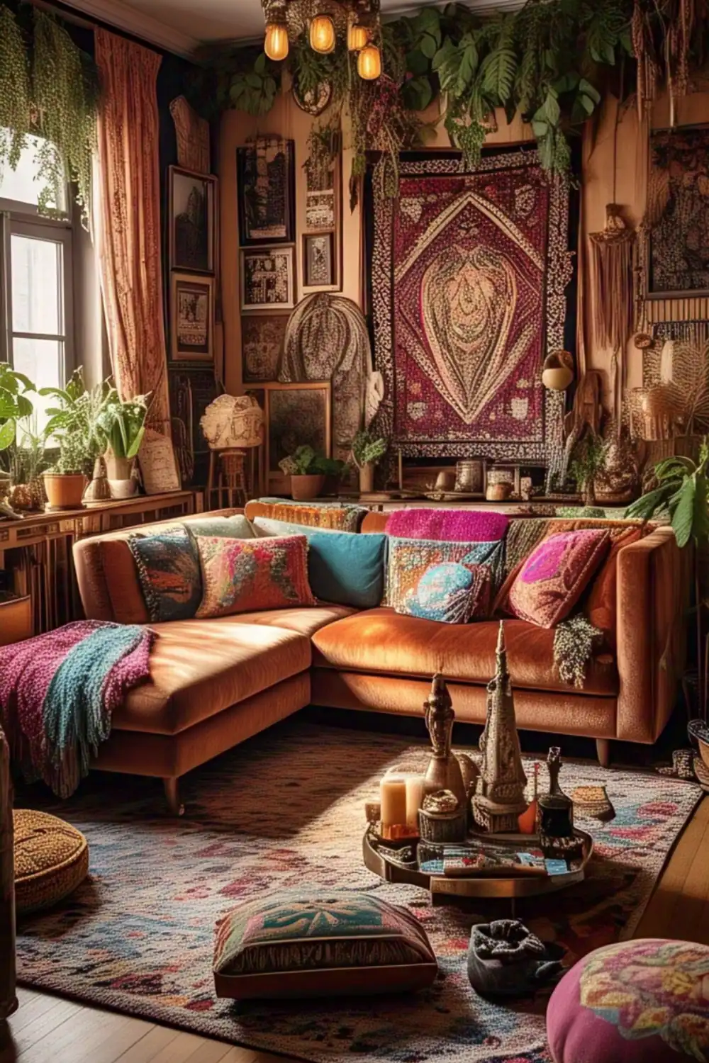 Cozy bohemian living room with colorful decor.