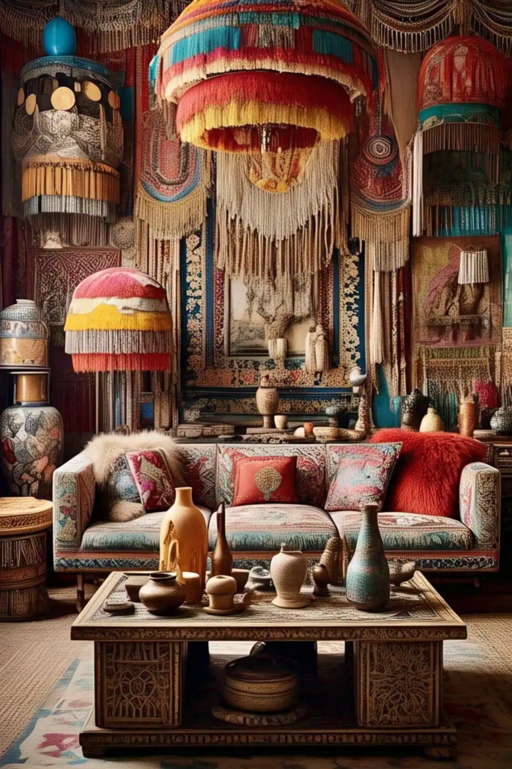 Bohemian style living room with colorful decor.