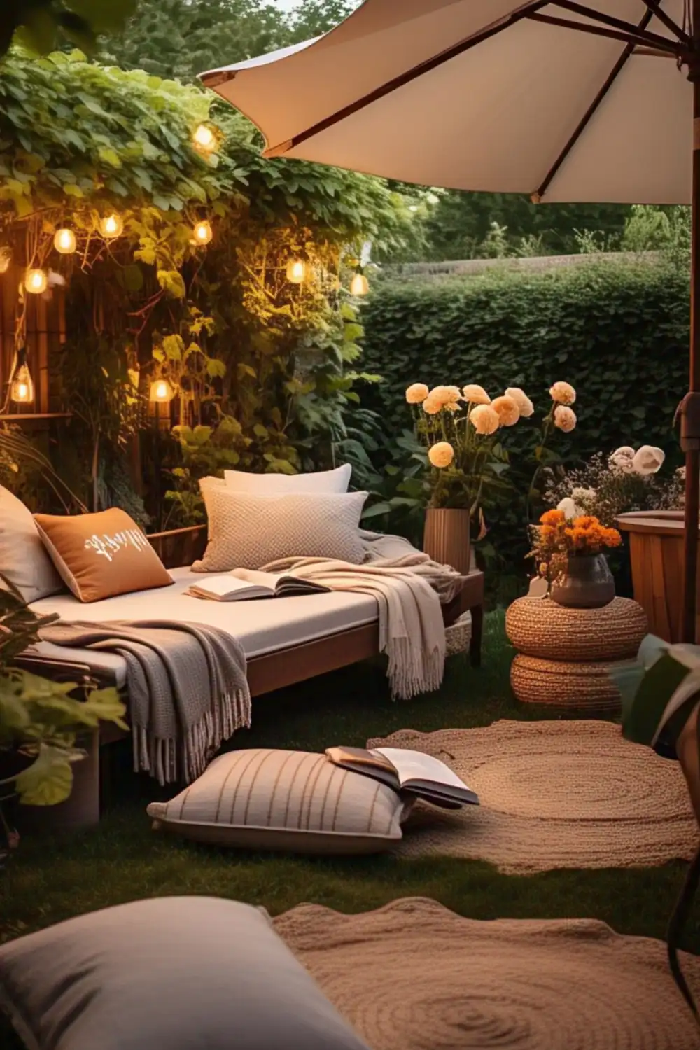 Cozy garden seating area with lights and plants.