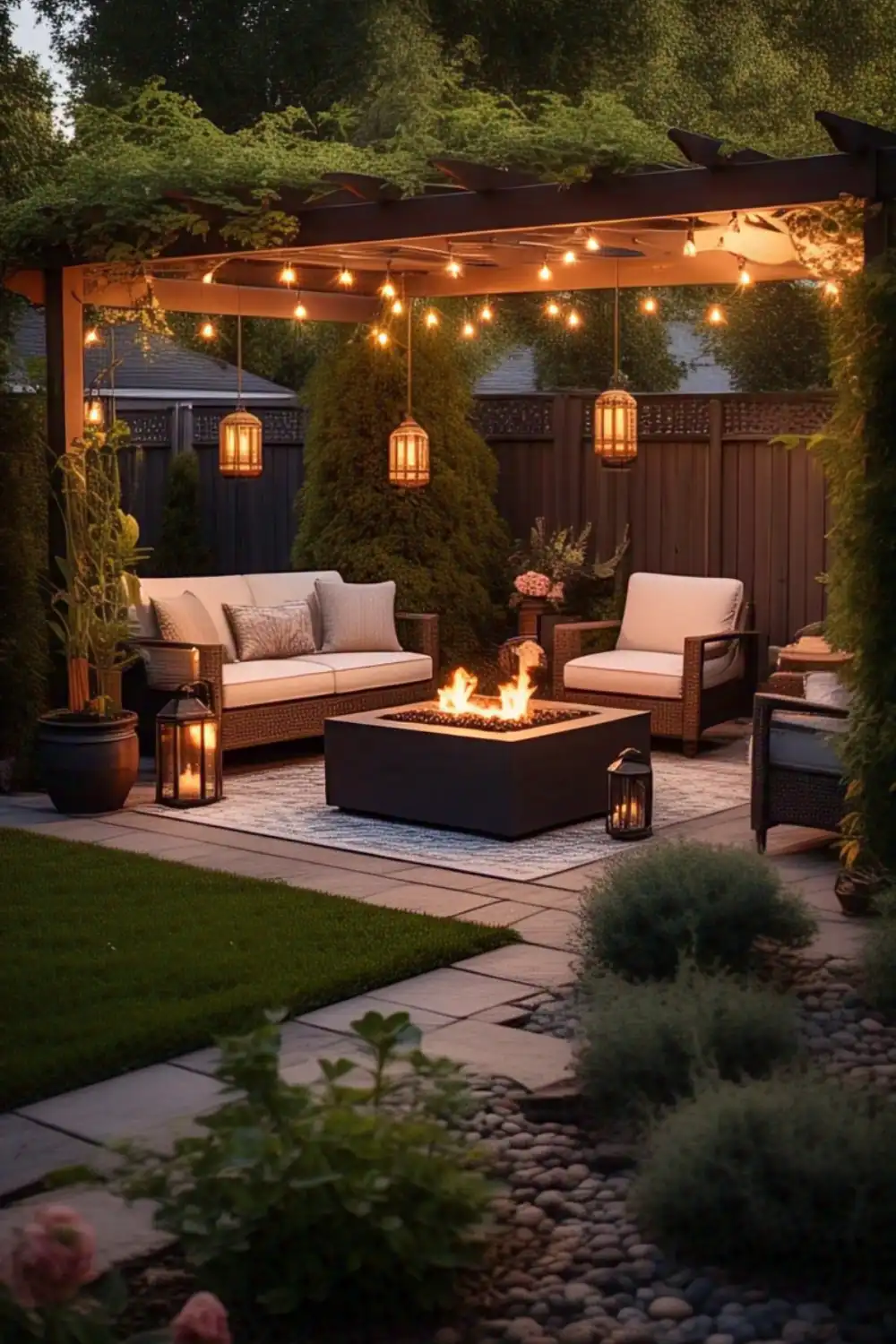 Cozy patio with fire pit and string lights.