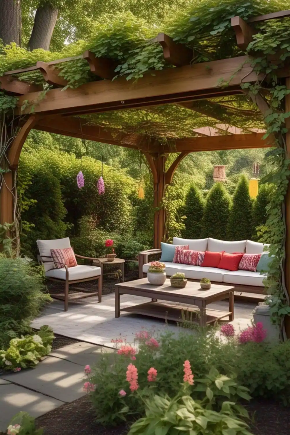Cozy garden patio with wooden pergola and seating.