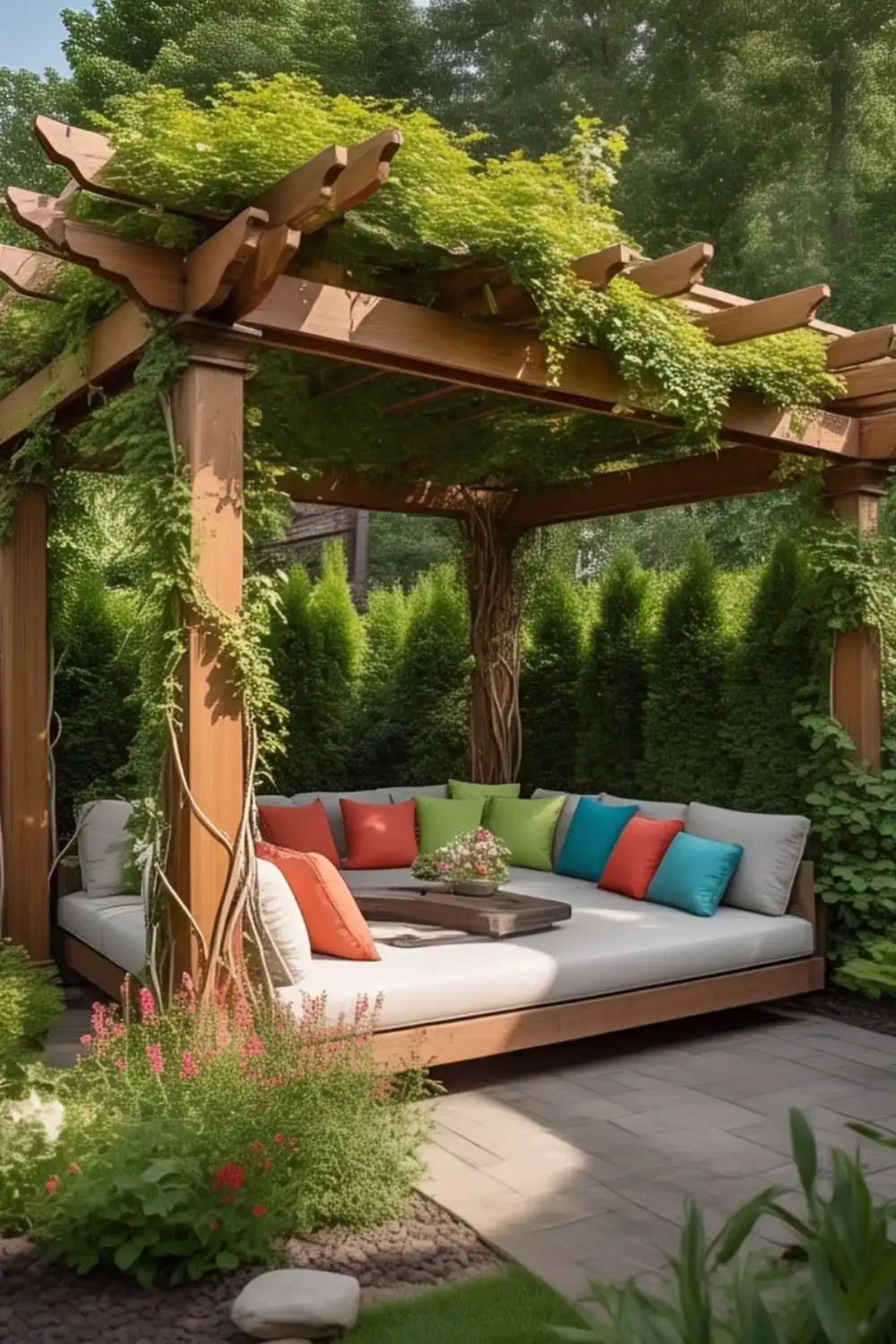Pergola with cozy seating and colorful pillows