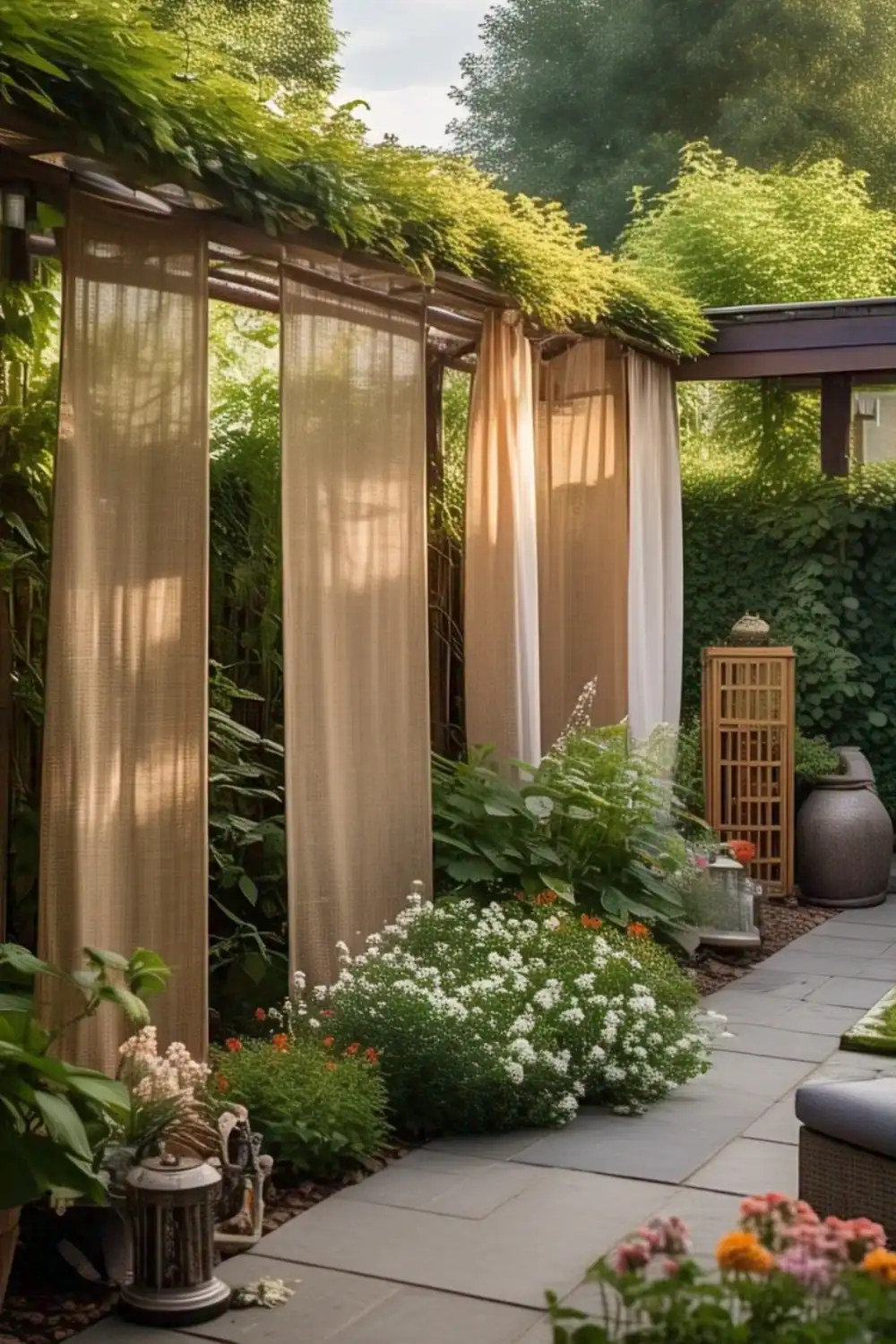 Serene garden with flowers and draped pergola