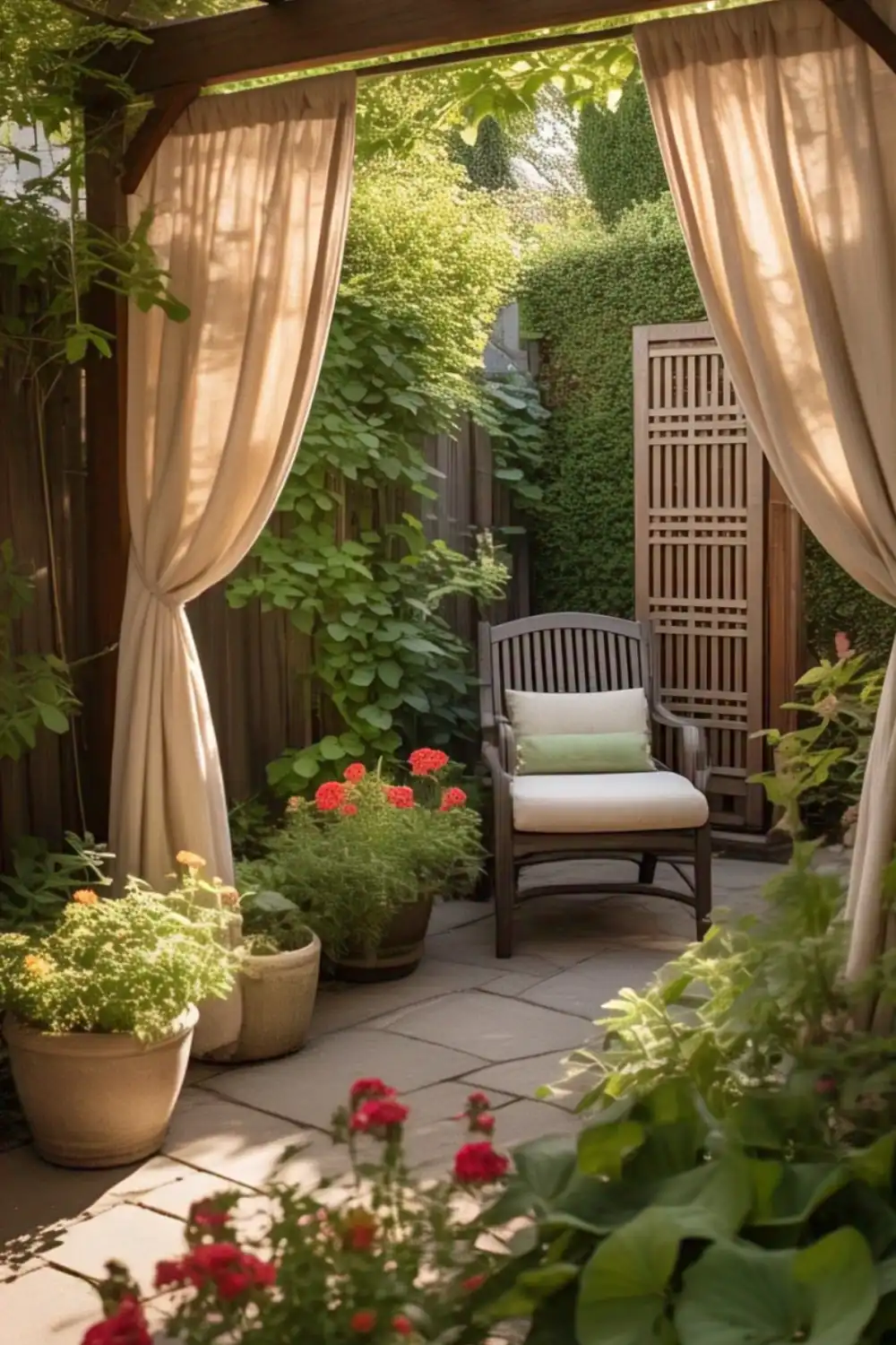 Cozy garden patio with chair and plants