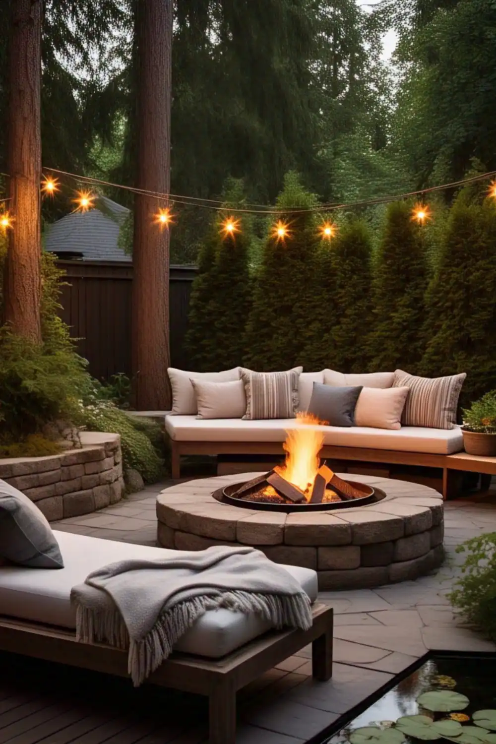 Cozy patio with fire pit and string lights