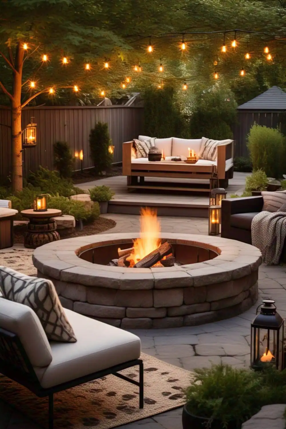 Cozy backyard with fire pit and string lights.