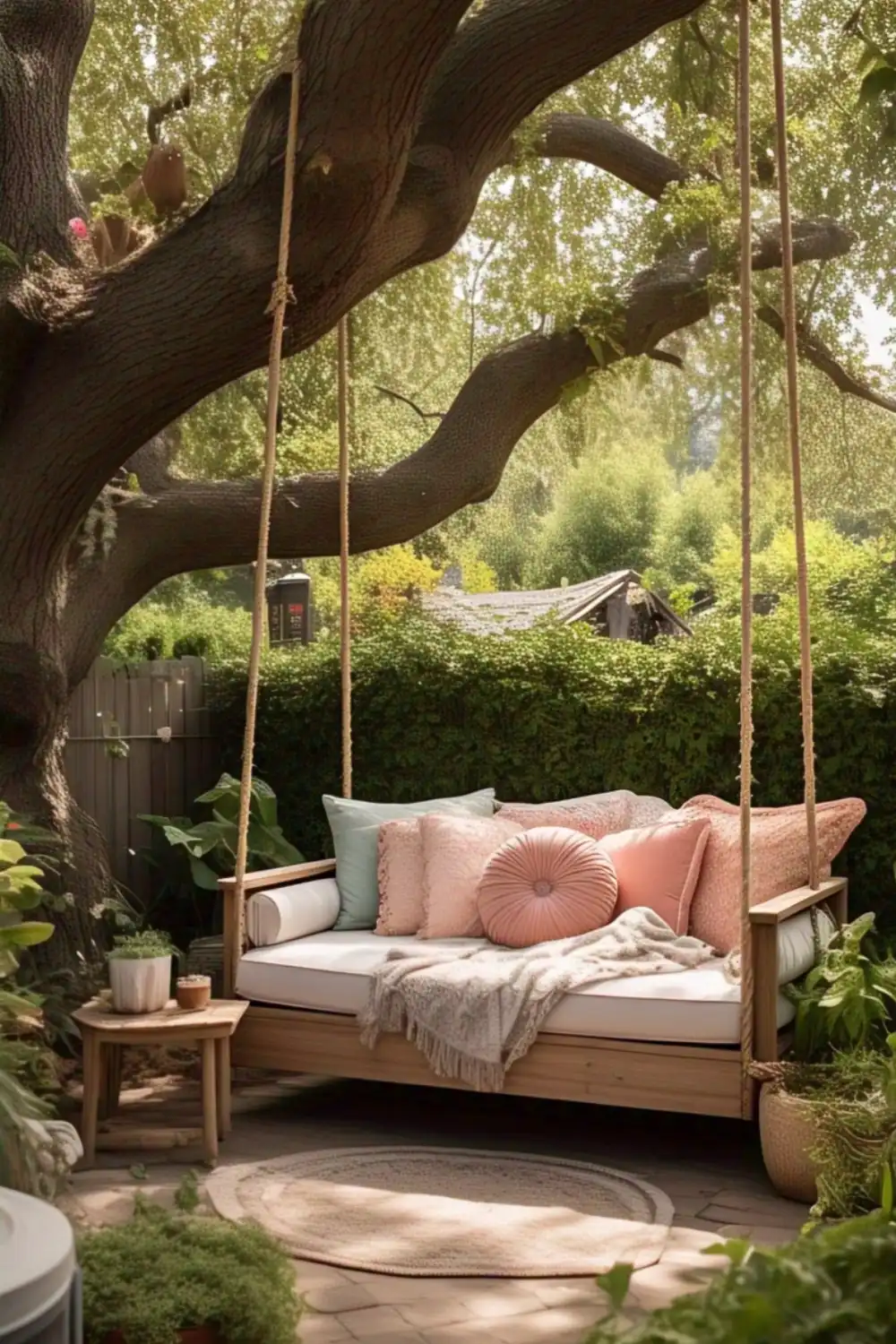 Cozy garden swing bench with pillows.