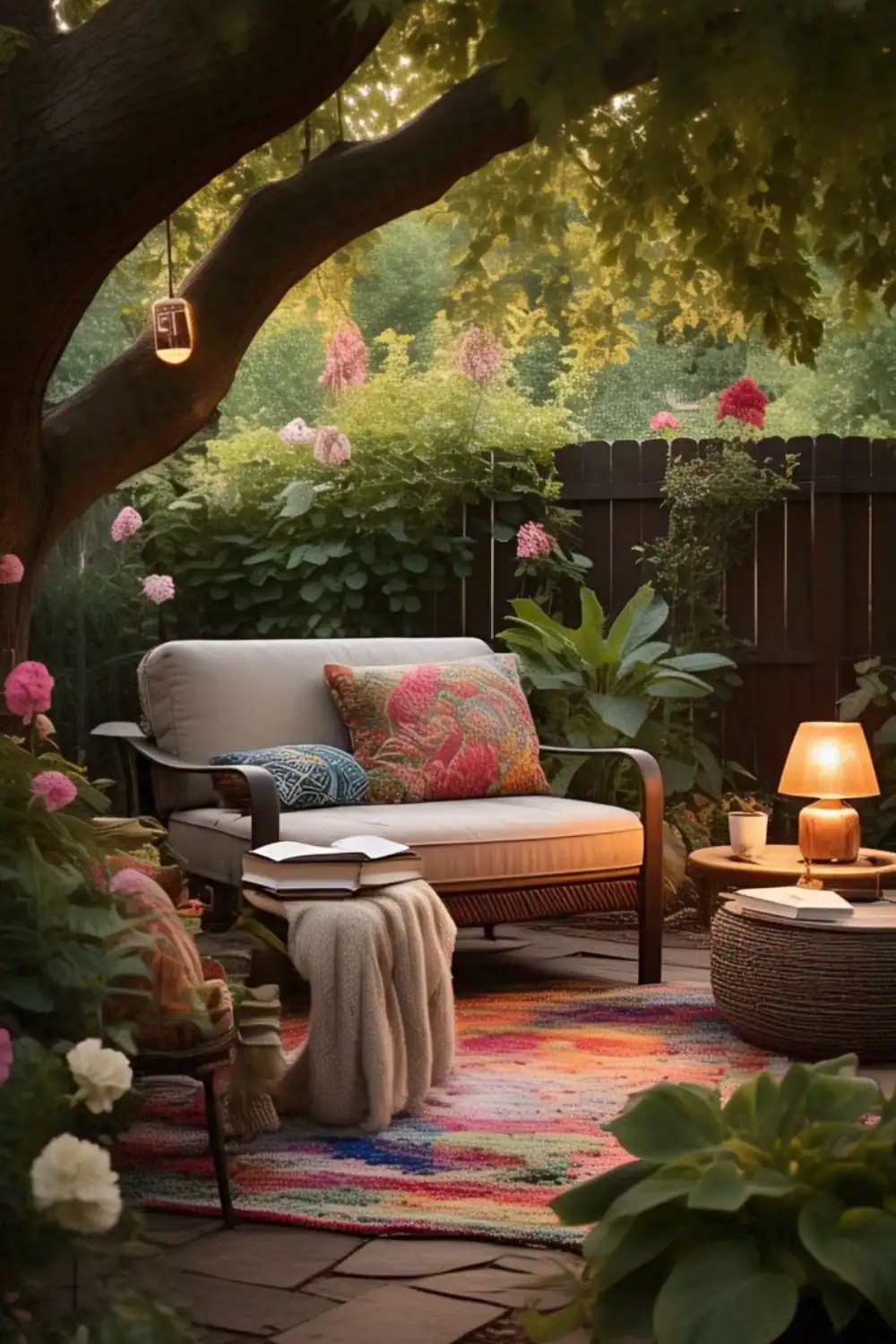 Cozy garden seating with pillows, blanket, and lamp.
