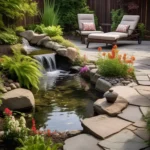 Serene garden with waterfall and chairs