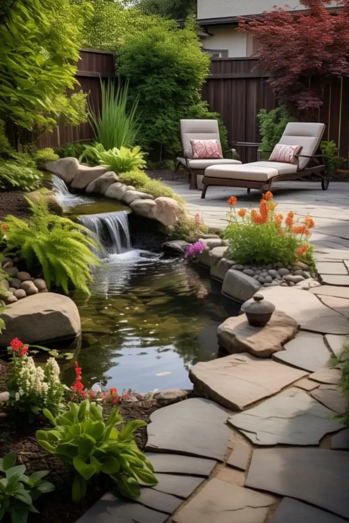 Serene garden with waterfall and chairs