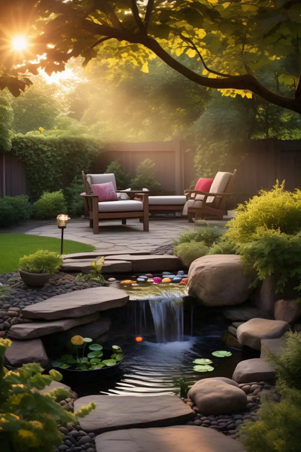 Serene garden with pond and seating area at sunset.