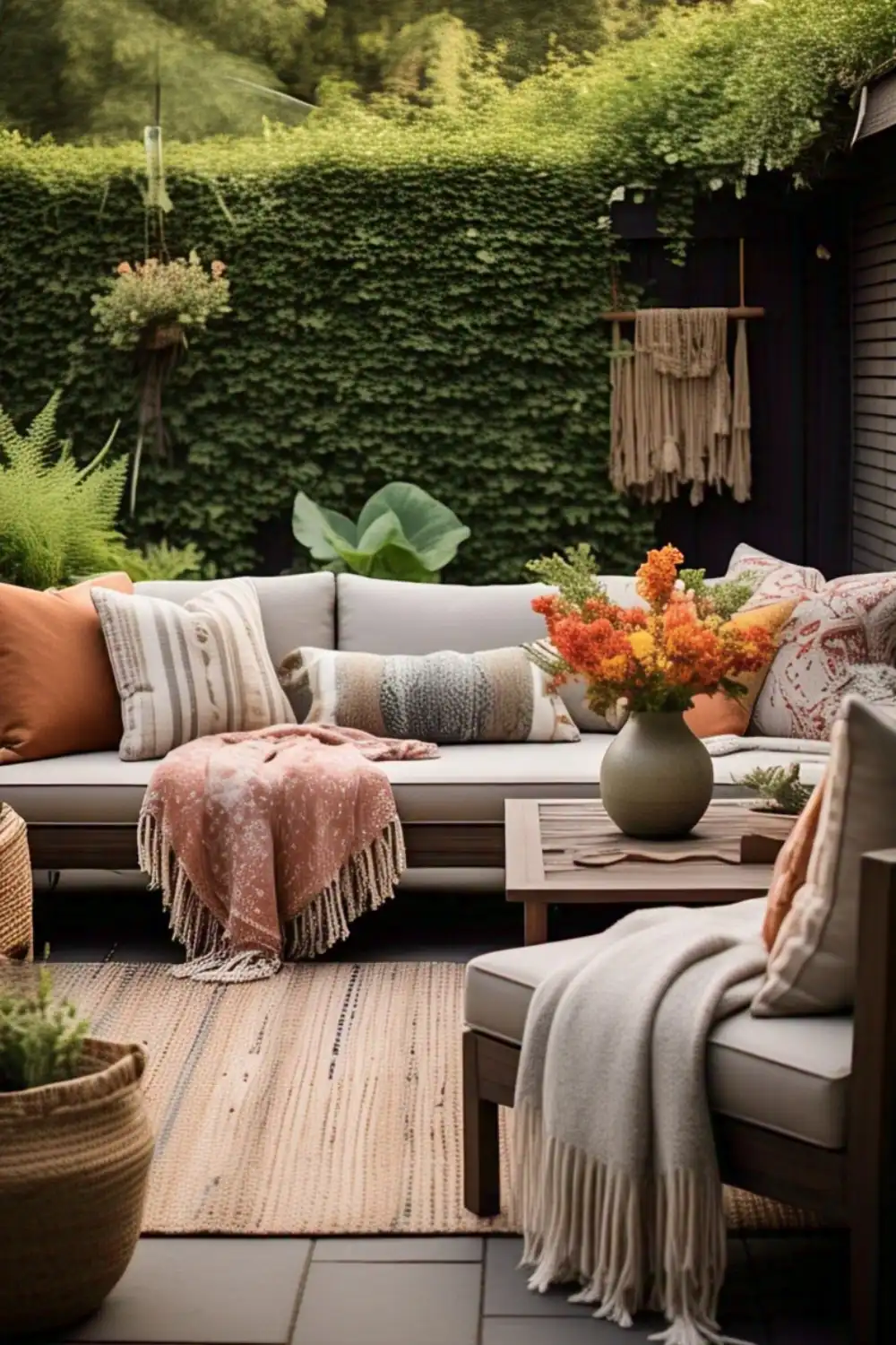 Cozy patio with sofa, pillows, and vase of flowers.