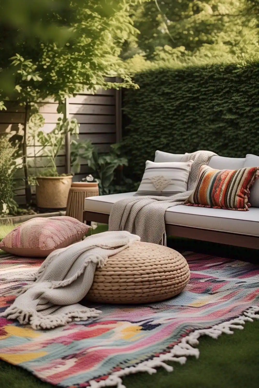 Cozy outdoor patio with pillows and rug.