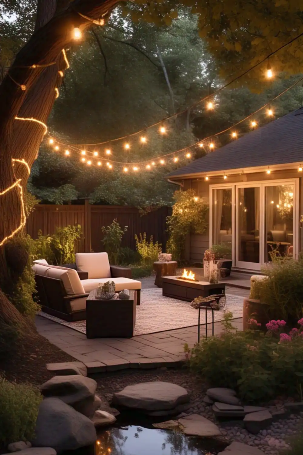 Cozy patio with string lights and fire pit.