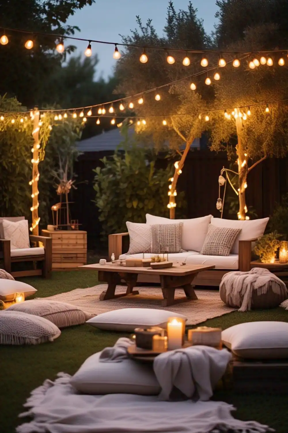 Cozy outdoor patio with string lights and seating.