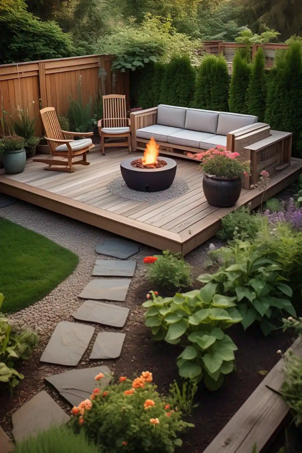 Cozy backyard deck with fire pit and seating.