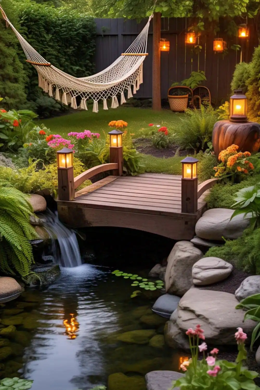 Garden hammock over bridge and pond with flowers.