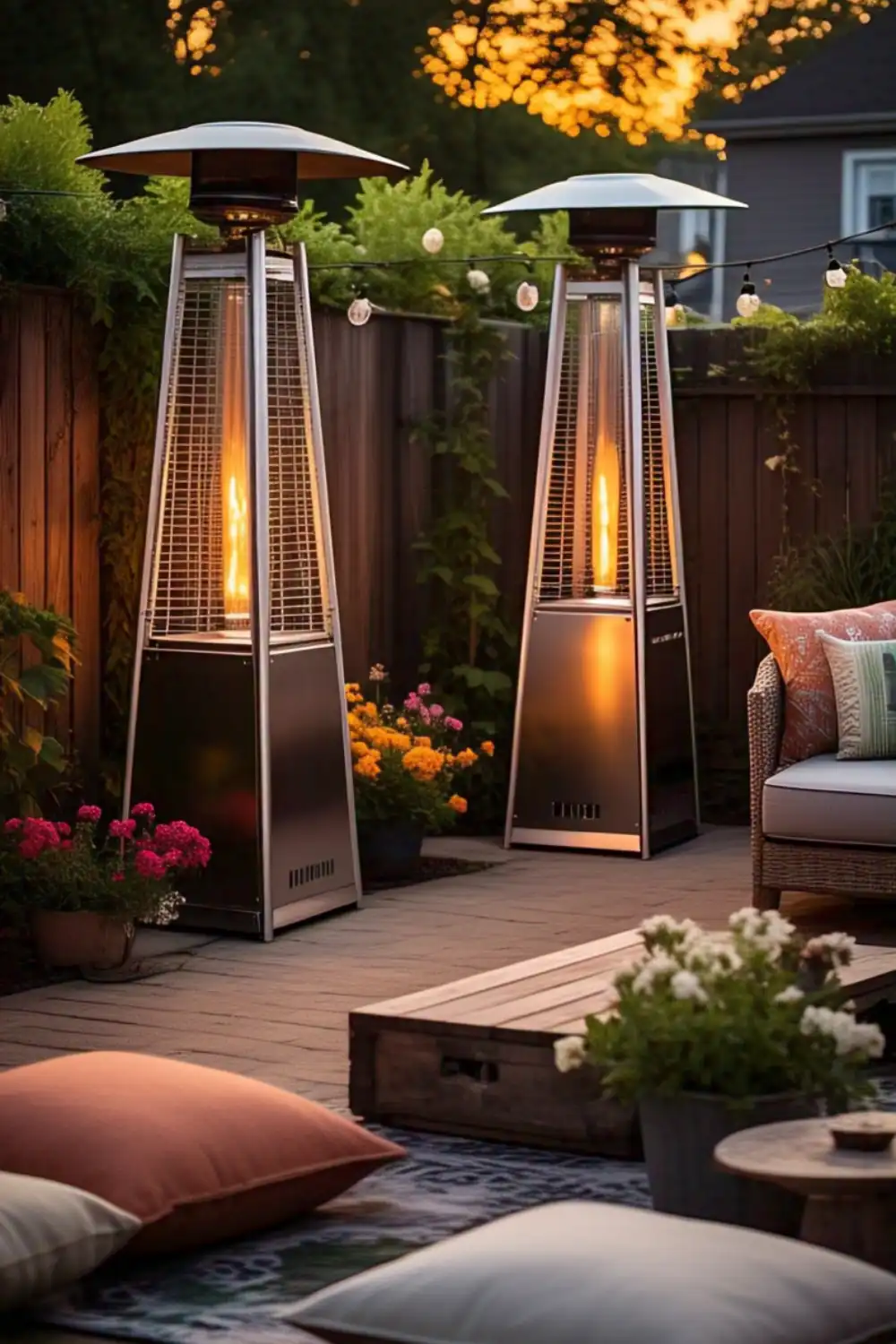 Outdoor patio heaters with garden decor at sunset.