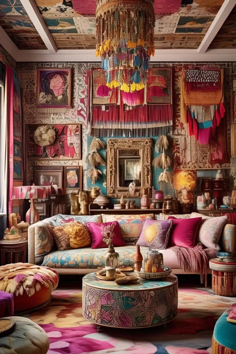 Colorful bohemian living room with eclectic decor.