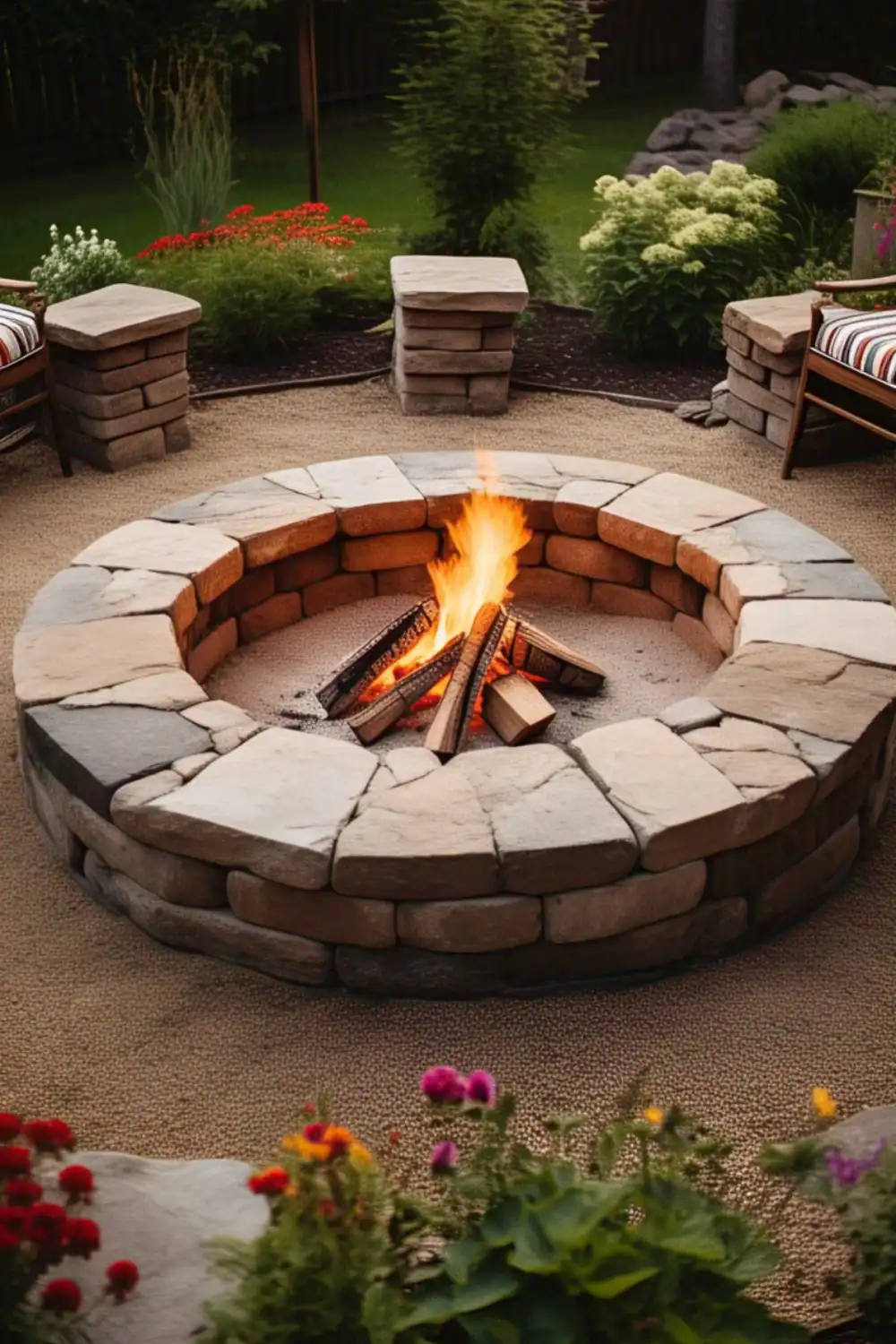 Cozy stone fire pit with burning wood in backyard.