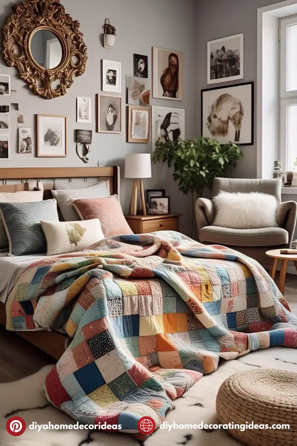 Cozy bedroom with colorful patchwork quilt and artwork.