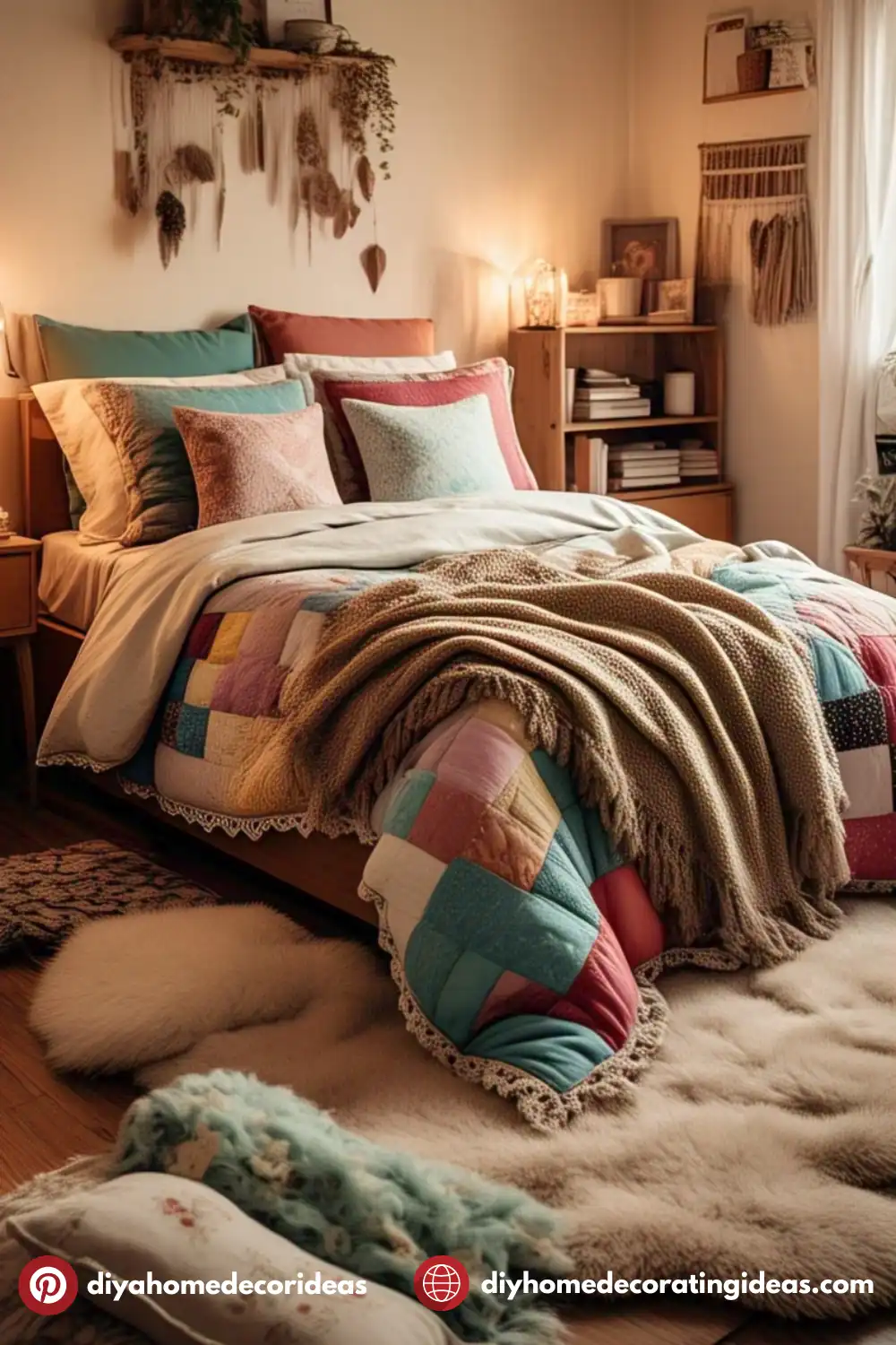 Cozy bedroom with colorful patchwork quilt and decor.