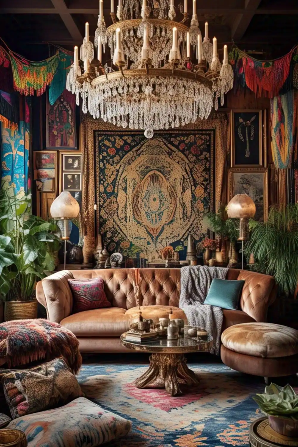 Bohemian living room with tapestry and chandelier.