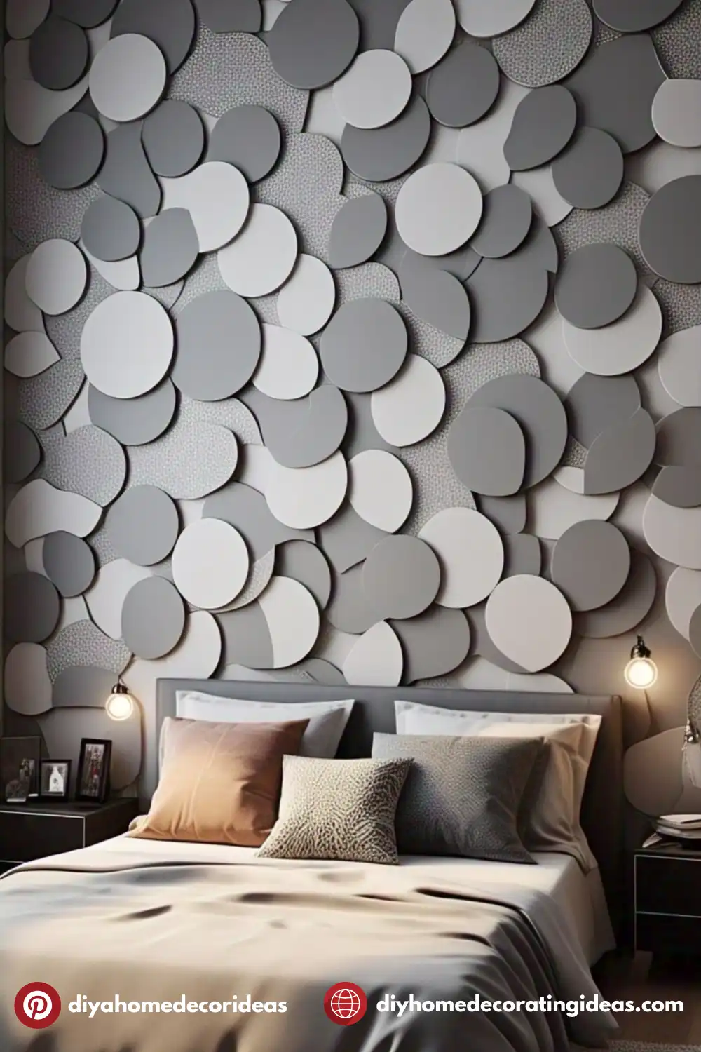 Modern bedroom with geometric wall art design.