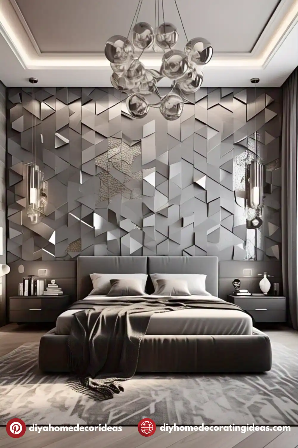 Modern bedroom with geometric wall design and lighting.