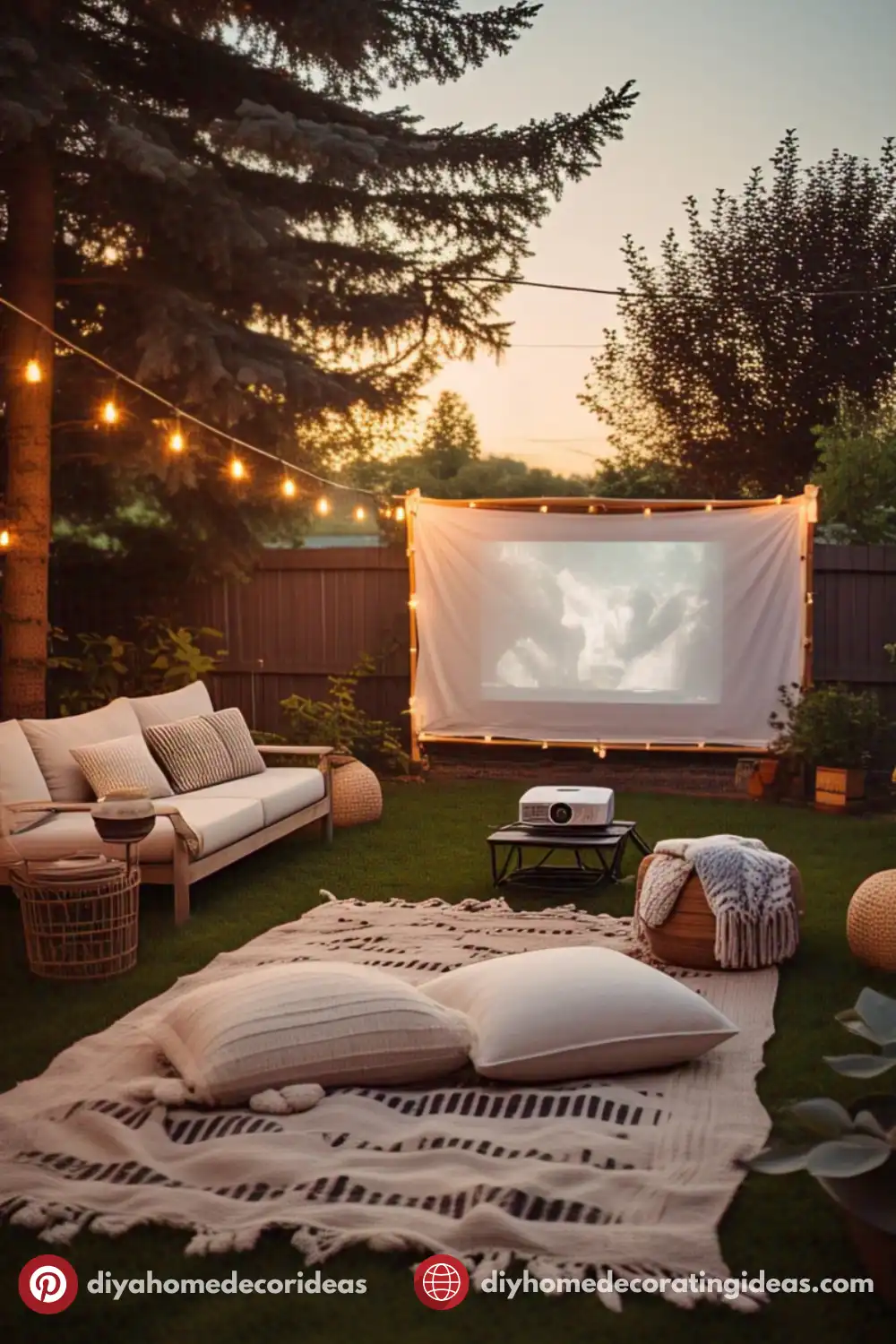 Outdoor movie night setup with lights and projector.