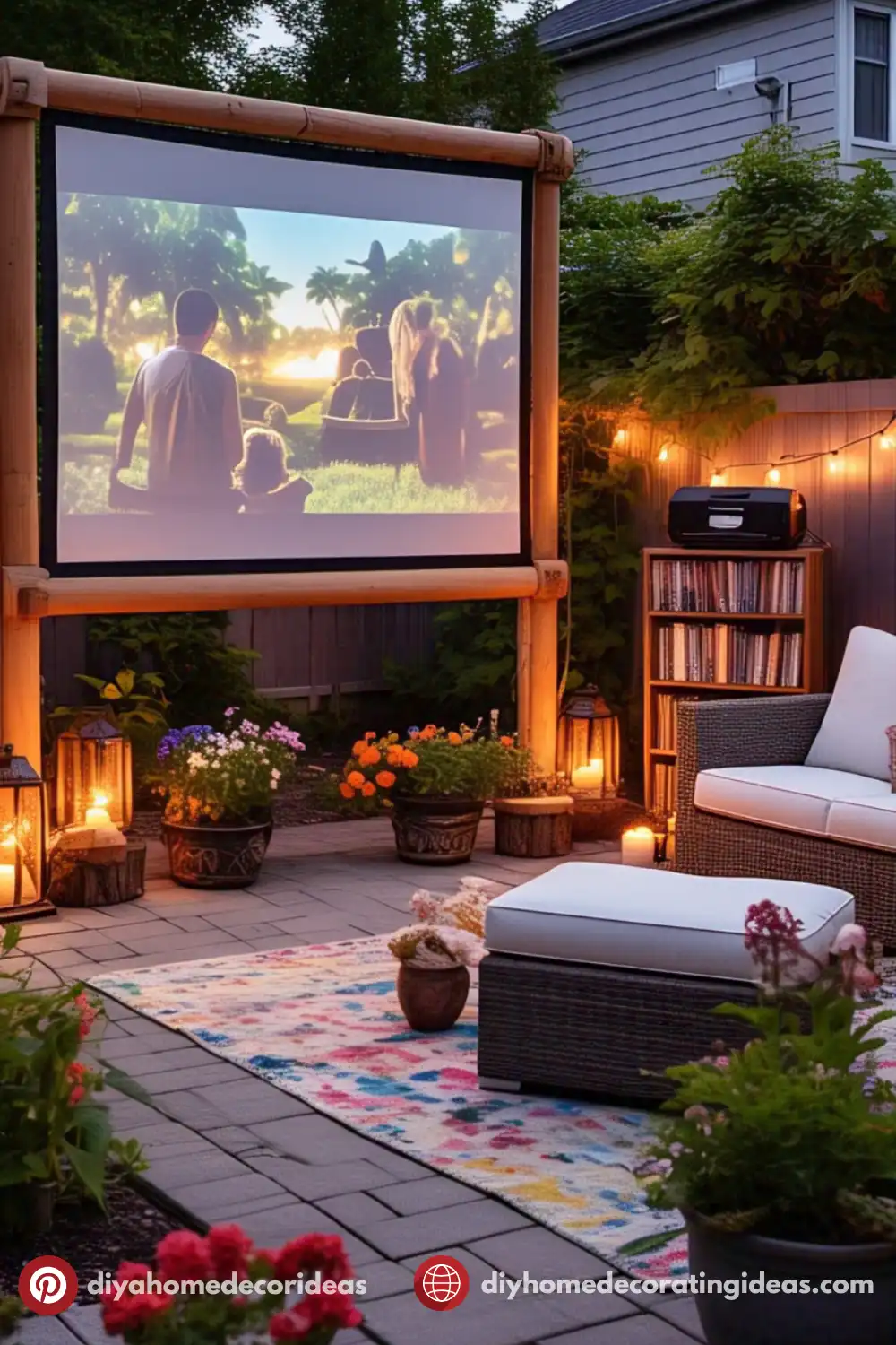 Cozy backyard movie setup with garden lights