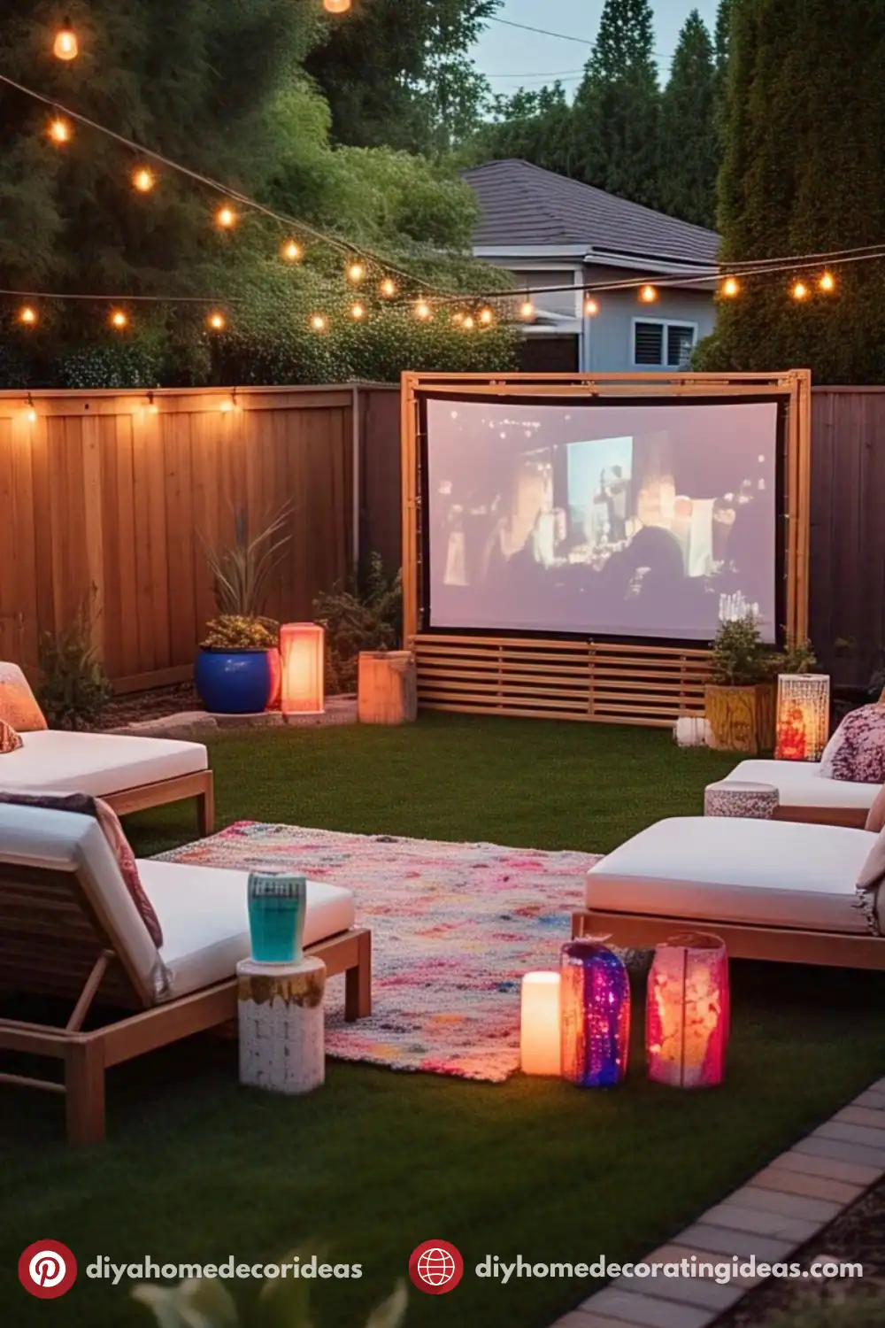 Cozy backyard with outdoor movie setup and lights.