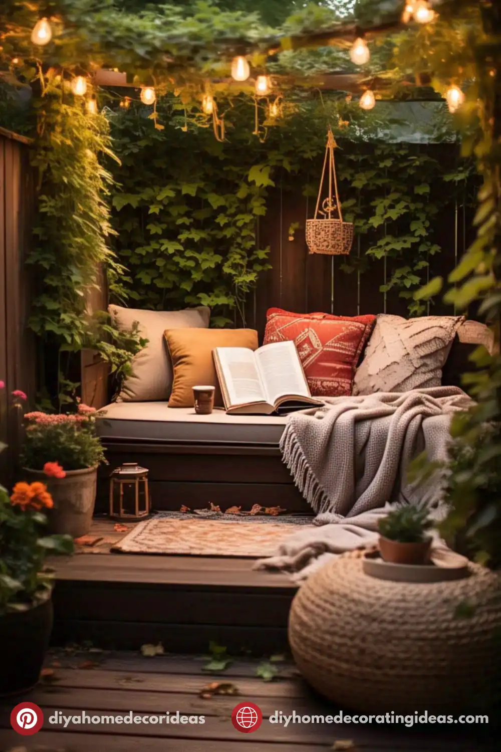 Cozy patio with bench, pillows, and string lights.