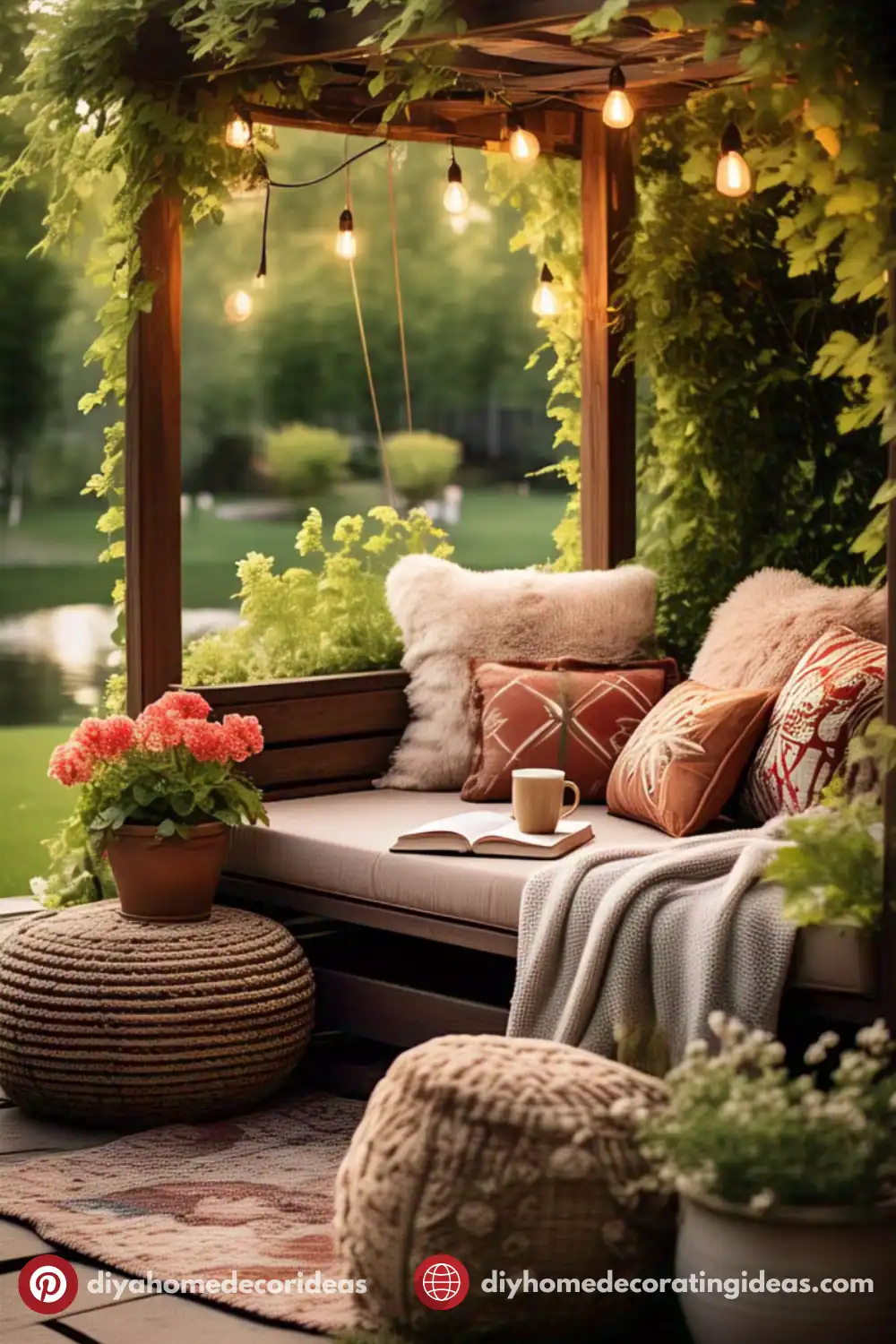 Cozy patio nook with plants and cushions.