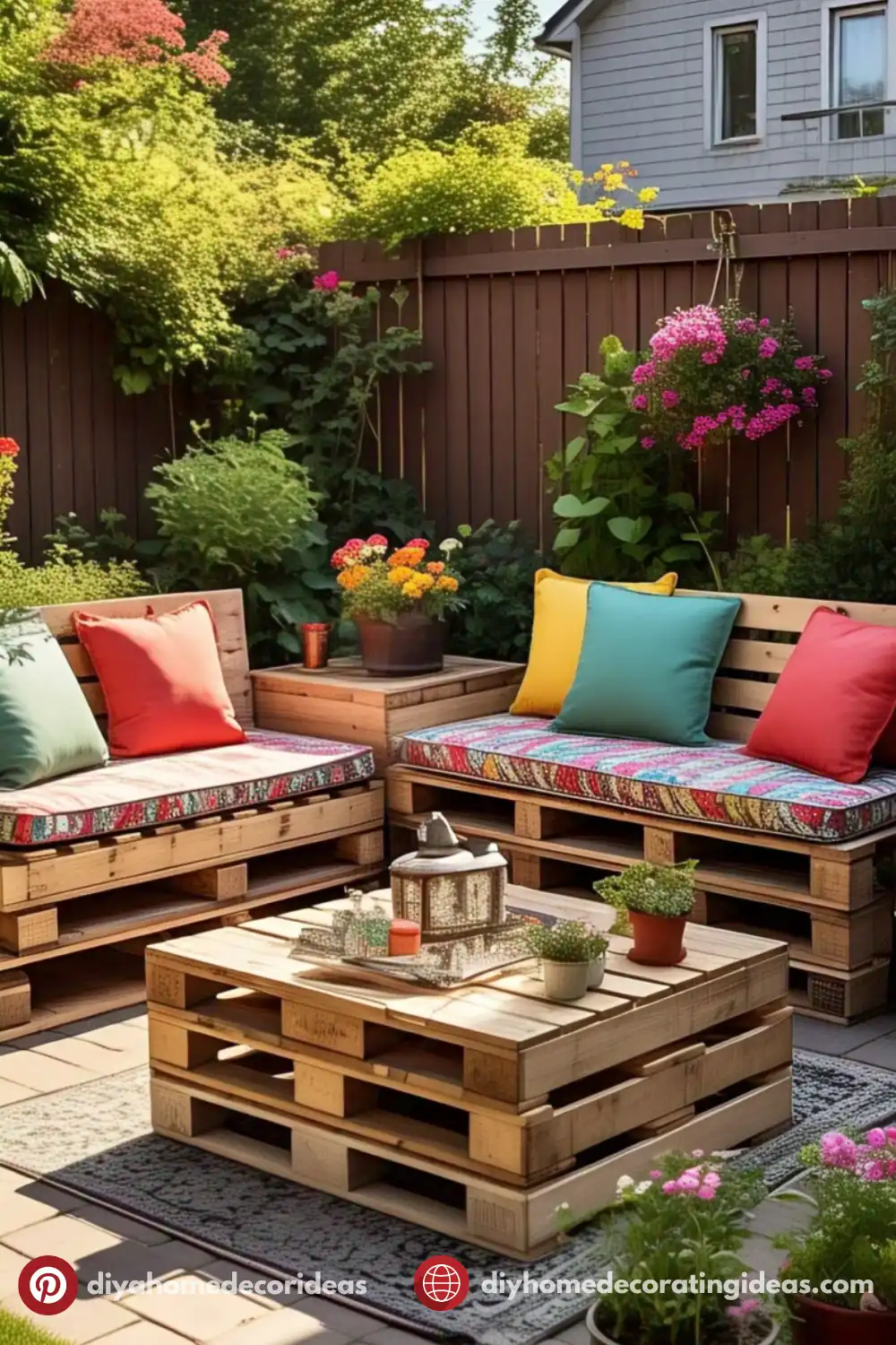 Colorful pallet patio furniture with vibrant flowers.