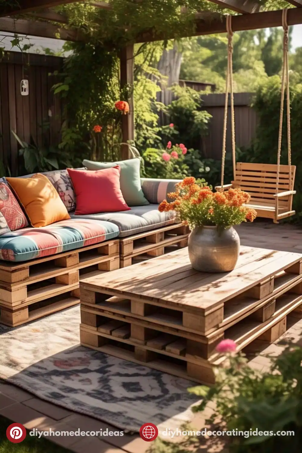Outdoor patio with pallet furniture and swing.