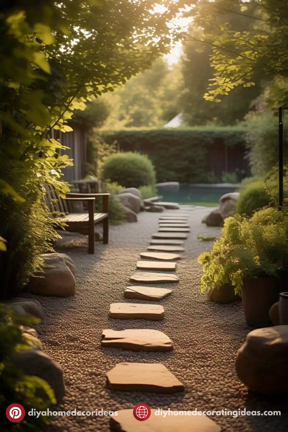 Serene garden path with sunlit trees and bench.