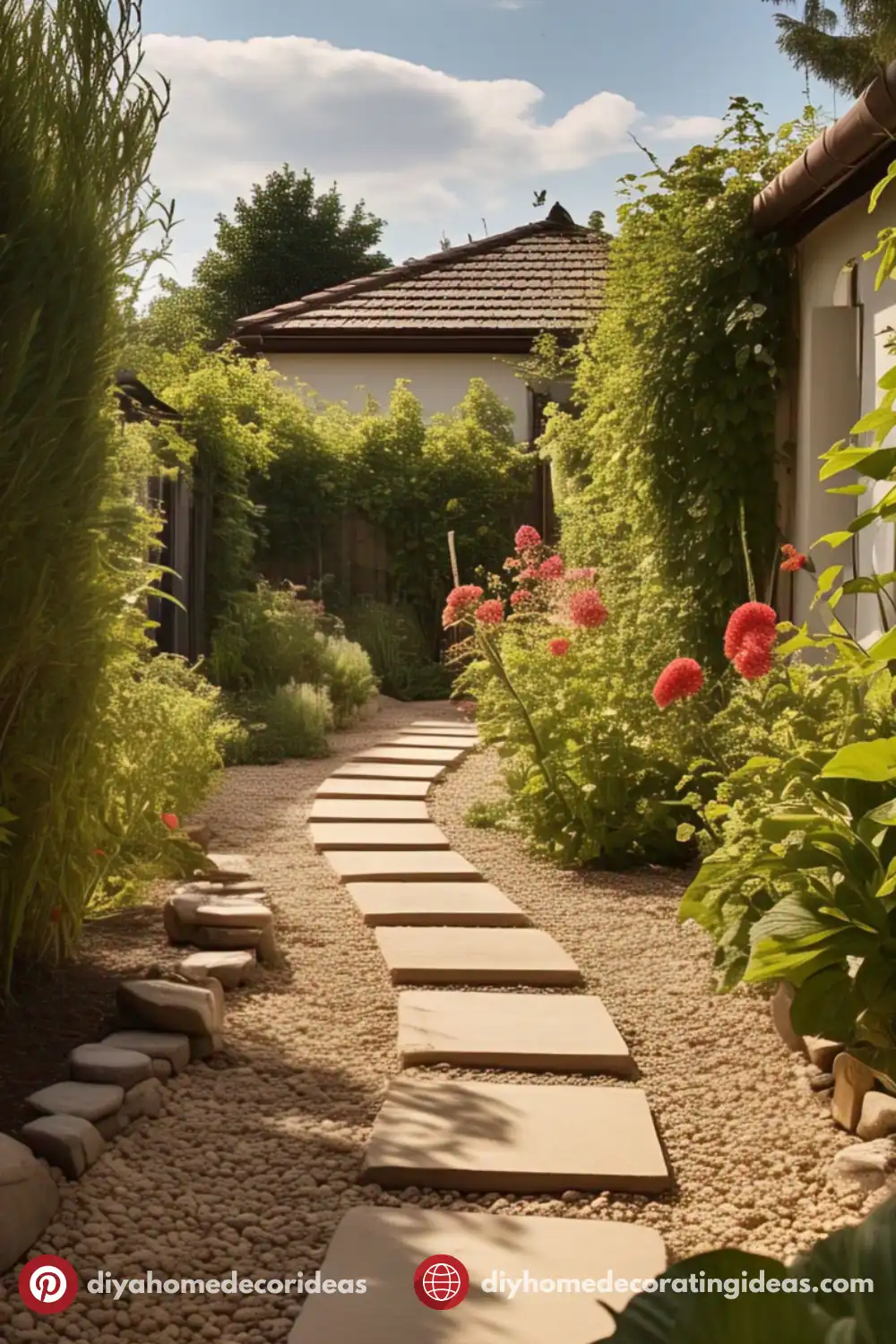 Garden path with flowers and lush greenery