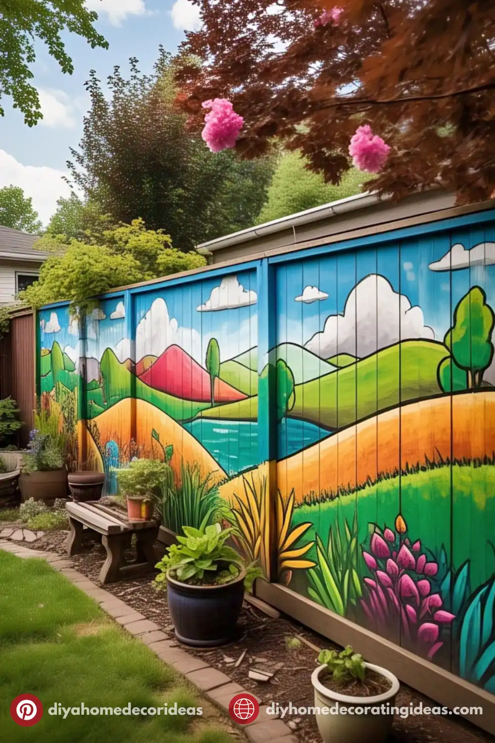 Colorful garden fence mural with landscape design.