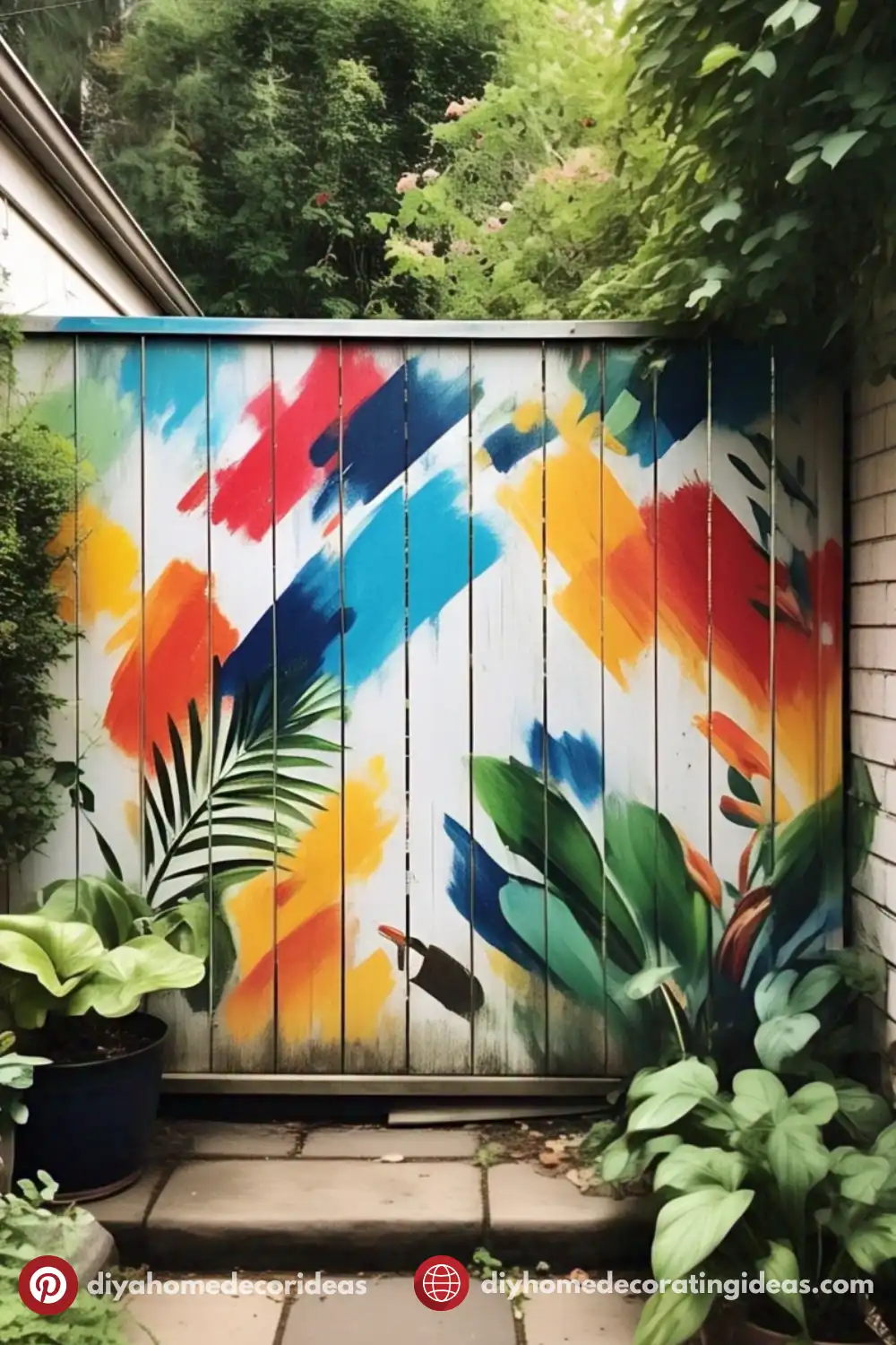 Colorful fence mural with tropical plants