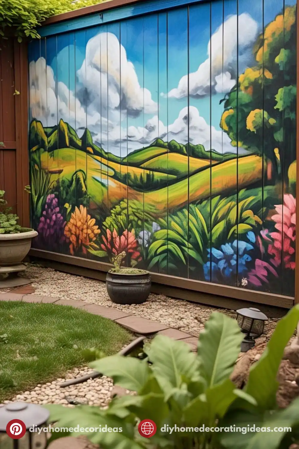 Colorful garden mural with flowers and rolling hills.