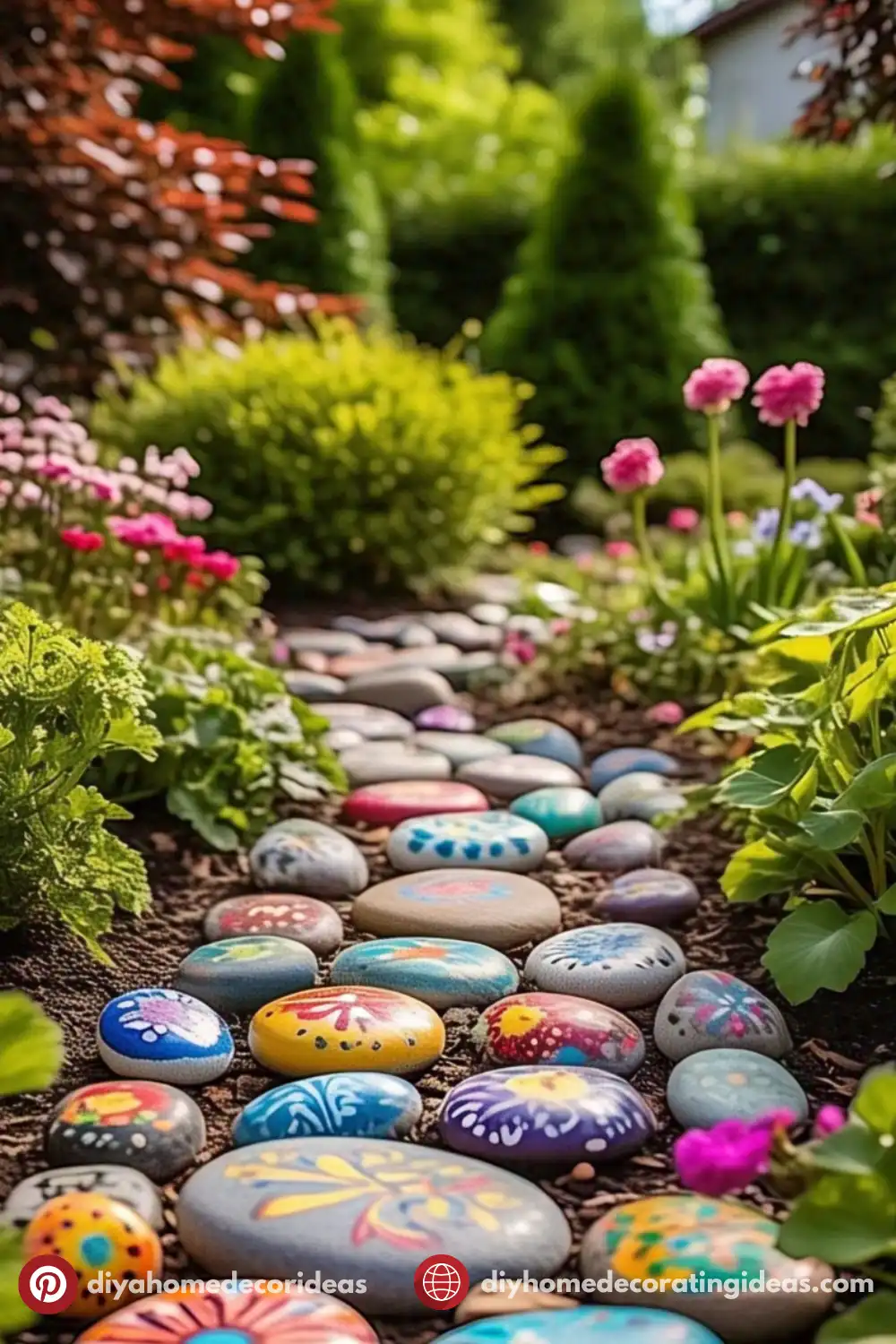 Colorful painted stones in vibrant garden pathway.