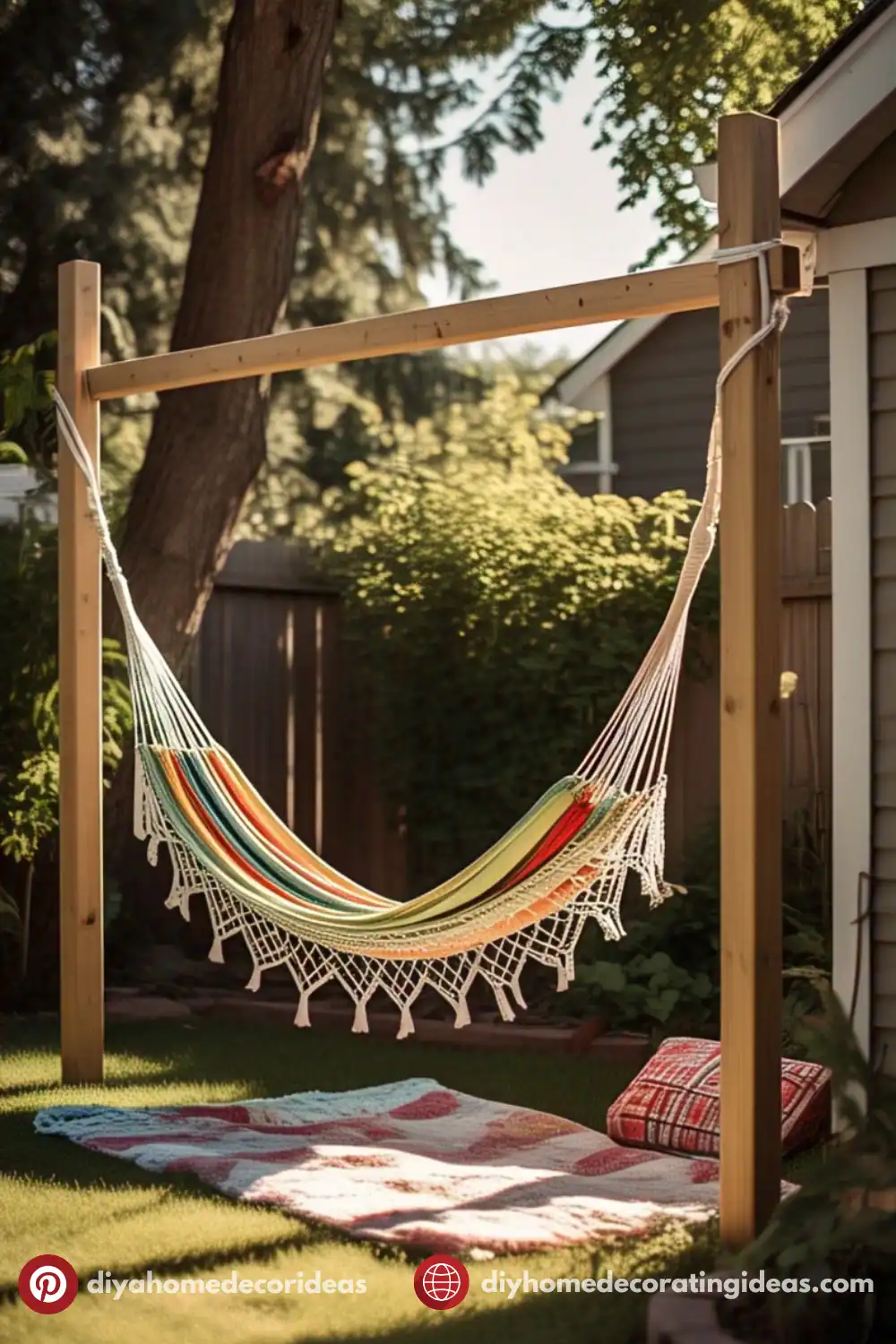 Colorful hammock in sunny backyard garden.