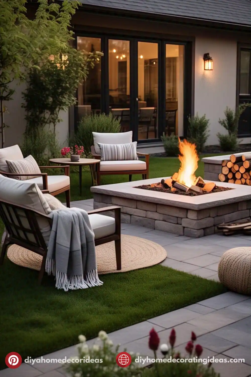 Cozy backyard with firepit and seating area.
