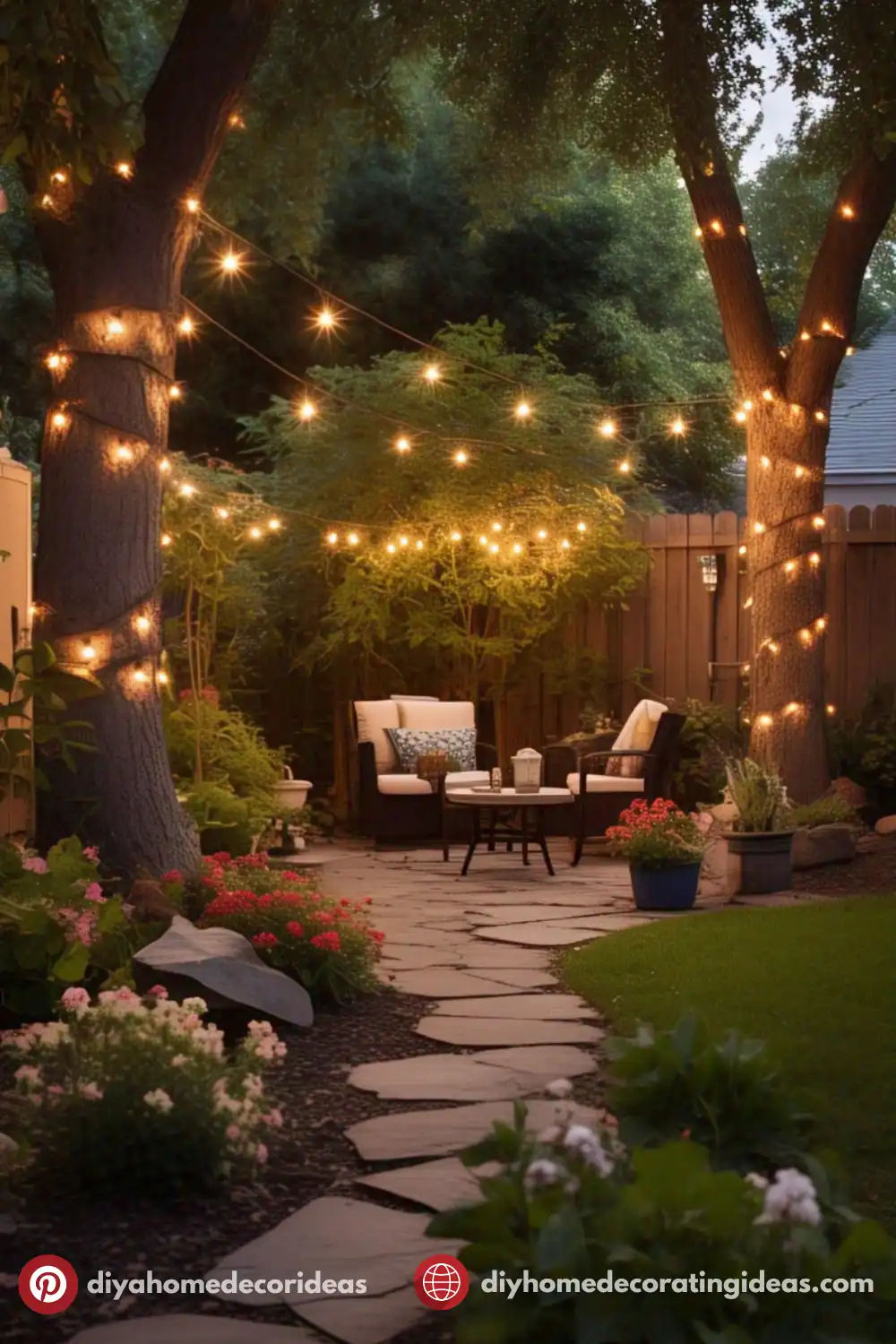 Cozy backyard patio with string lights and seating.